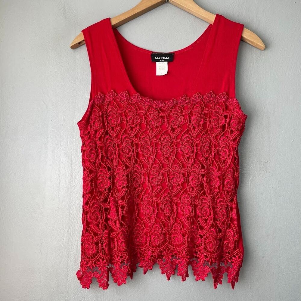 Vintage Maxima Lace Top USA Sz Large Red Sleeveless Cherry Tomato Girl Romantic